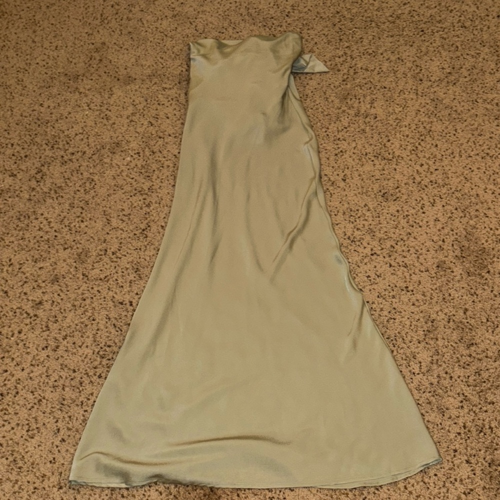 Sage green satin strapless maxi dress